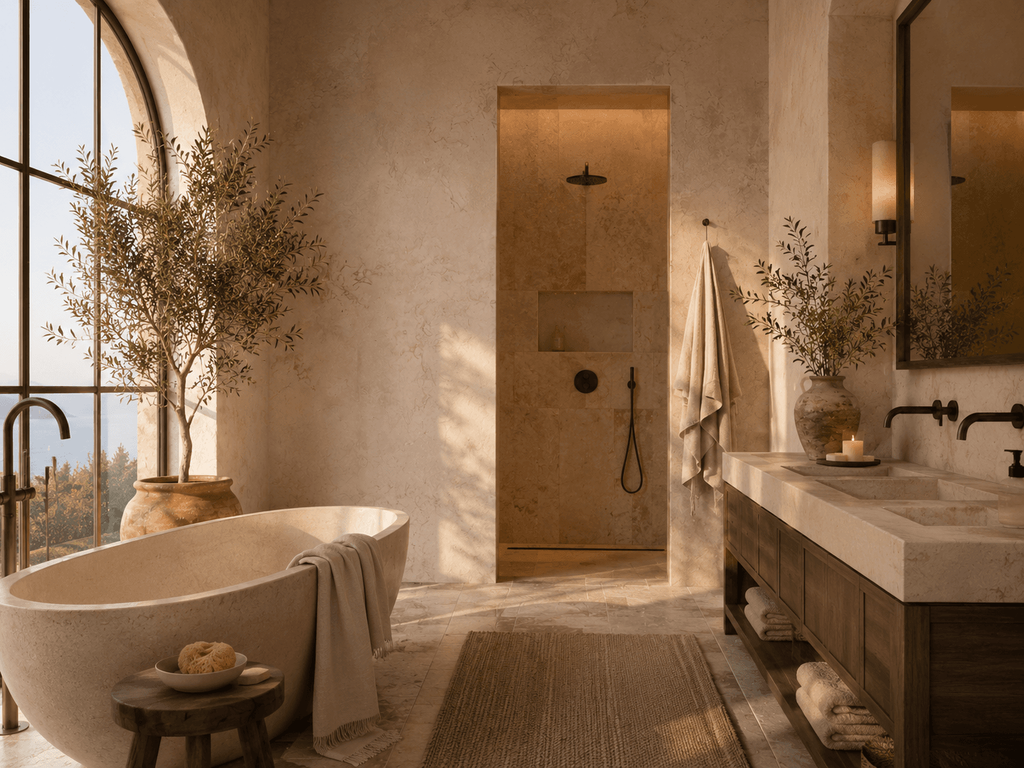 Casa Sol bathroom with an arched window, sculptural bathtub and hand-finished plaster