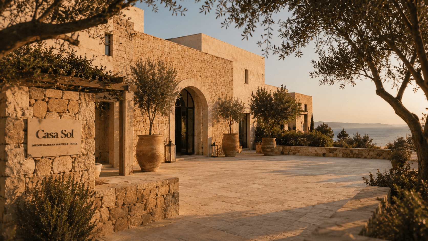The stone entrance to Casa Sol surrounded by Mediterranean planting